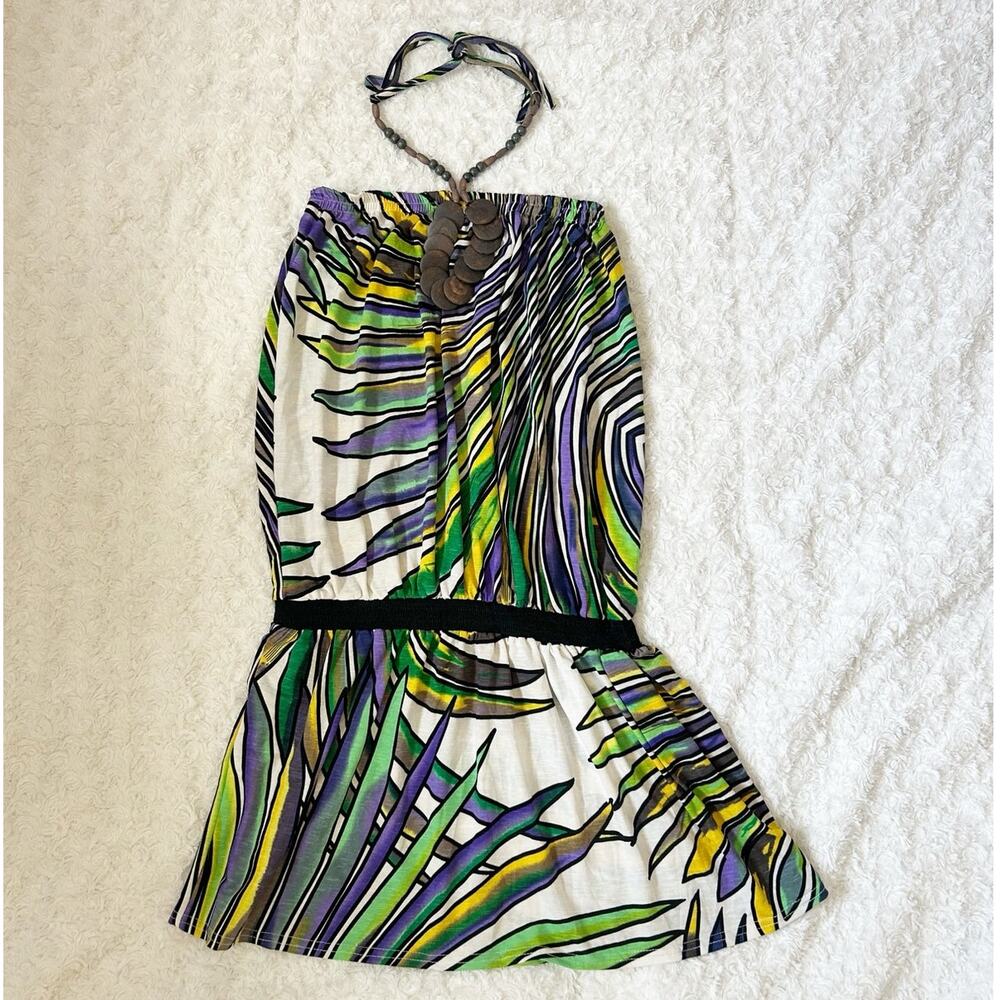 white green and purple tropical print halter top mini dress
